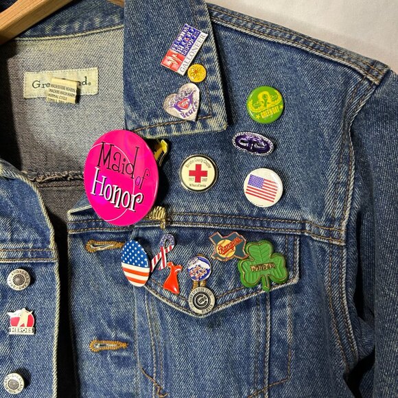 Greatland Denim Jean‎ Jacket Button Pins Patches Vintage Cropped S - Picture 2 of 5